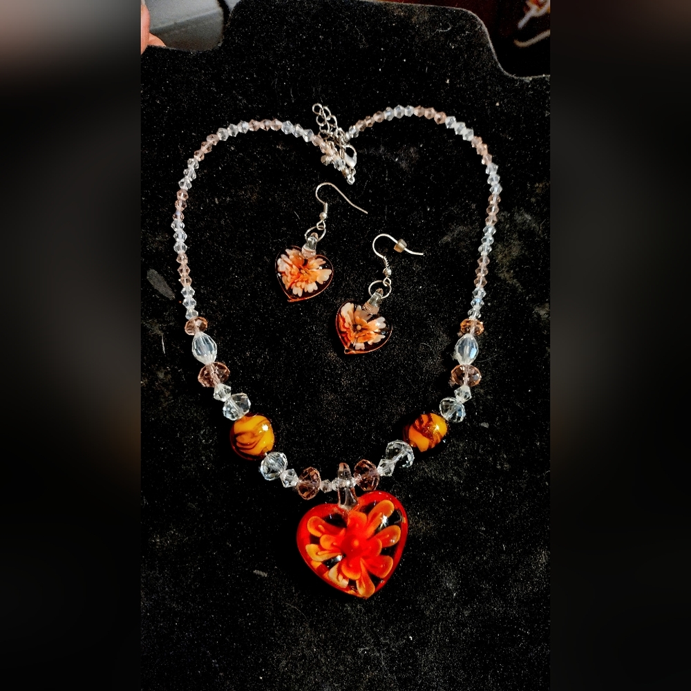 Glass heart necklace and earrings
